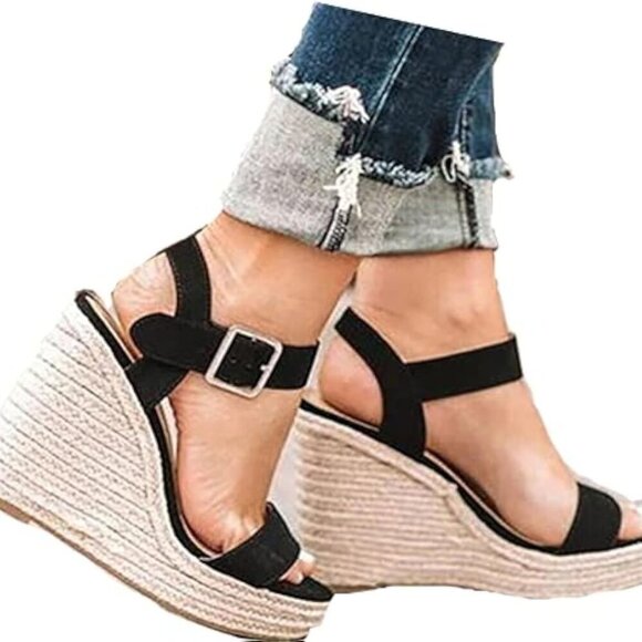 Women's Faux Leather Wedge Sandals Open Toe Ankle Strap Summer Casual